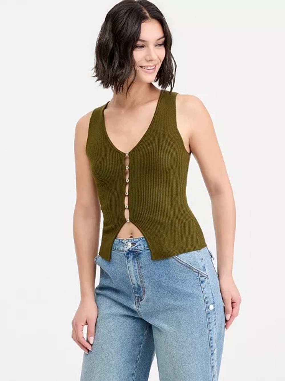 bar iii Sleeveless Ribbed Button-Front Tank Top - Olive Green